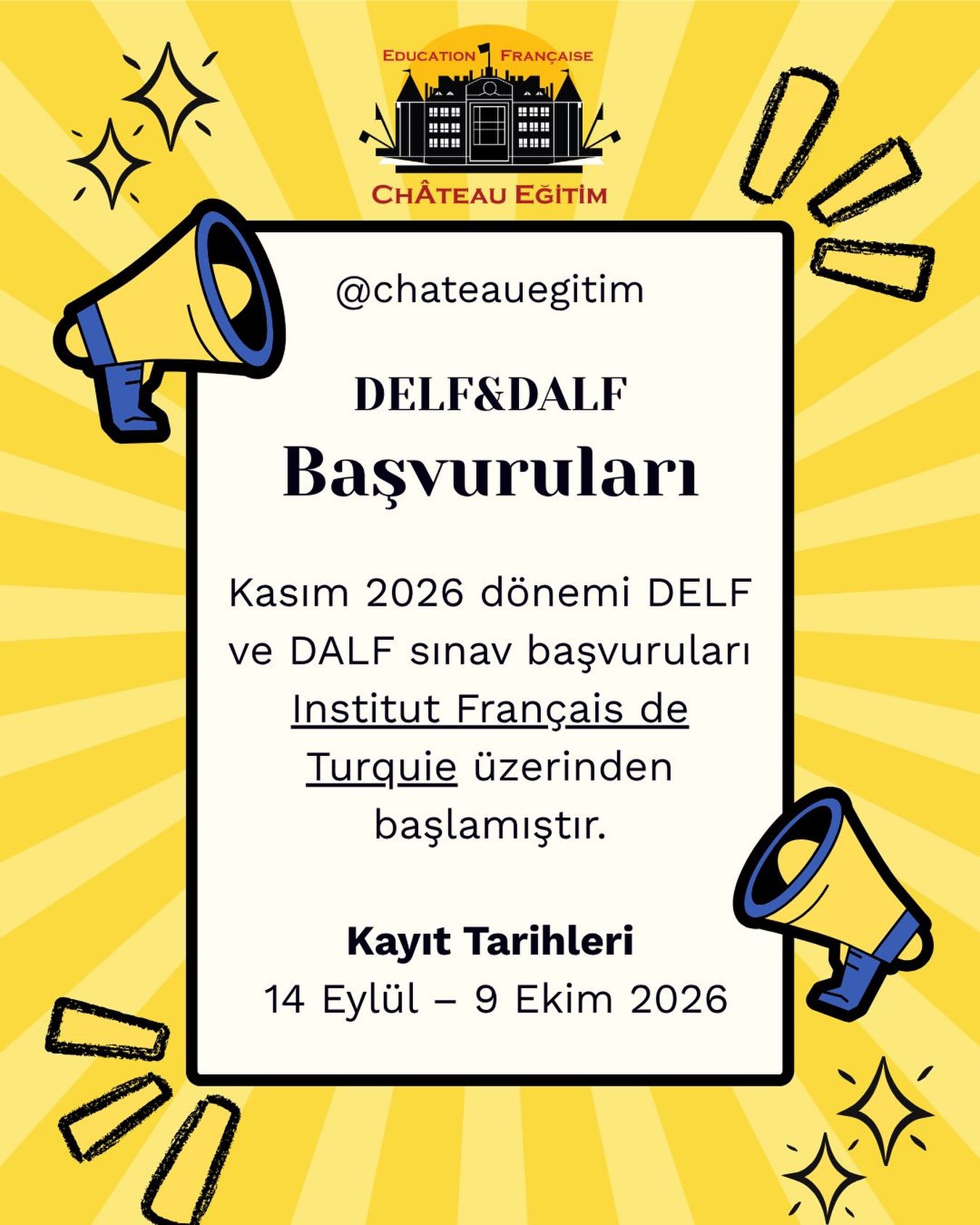 🇫🇷 DELF&DALF sınavı başvuruları başladı!
Fransızca bilgini uluslararası geçerliliğe sahip bir diplomayla belgelendirmeye hazır mısın?
🎯 Hedefine uygun seviyeyi belirle, sınav başvurunu tamamla ve hazırlığa başla!
Château Education’da dinleme, okuma, yazma ve konuşma becerilerine odaklanan derslerle DELF&DALF sınavına birlikte hazırlanıyoruz.
📩 Hazırlık derslerimiz hakkında bilgi almak için bize DM'den mesaj gönderebilirsiniz.