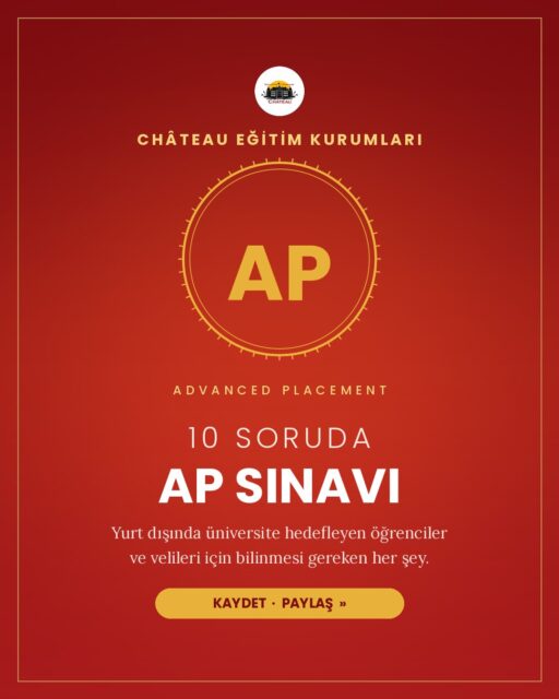 AP sınavı hakkında en çok sorulan 10 soru. 📌

Yurt dışında üniversite hedefleyen bir öğrencinin dosyasında AP’nin ne işe yaradığını çoğu veli duyuyor ama süreci kimse net anlatmıyor: 

❓Hangi derslere girilmeli? Sınav ne zaman? Türkiye’de nerede yapılıyor? Kaç puan iyi bir puan?

Bu kaydırmalı gönderide hepsini tek tek cevapladık. 

Özellikle son üç kart önemli:

▸ AP Scholar ödülleri — üç, dört ve beş sınavda başarılı olan öğrencilere College Board’un verdiği uluslararası onur unvanları
▸ AP International Diploma — Türkiye’den başvuran öğrencilerin doğrudan hak kazanabildiği, dört içerik alanını kapsayan diploma
▸ İki farklı dilde sınav şartı, bu diplomanın en zor adımı. Fransızca ve İngilizce’yi birlikte götüren öğrenciler burada bir adım önde.


⏺️ Kaydedin, kayıt dönemi geldiğinde lazım olacak. 

🎯 Çocuğunuzun hedefine hangi AP derslerinin uyduğunu birlikte planlamak isterseniz arayın — öğrencimiz olun ya da olmayın, sürecin resmî adımlarında da yardımcı oluyoruz.

📞 0850 532 39 81 · chateauegitim.com
📍 Nişantaşı · Şaşkınbakkal · Türkiye’nin her yerinden online
#AdvancedPlacement #APsınavı #APexam #APScholar CollegeBoard